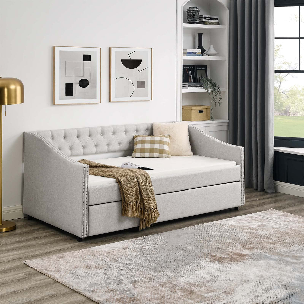 Velvet Upholstered Twin Size Daybed with Trundle I99573