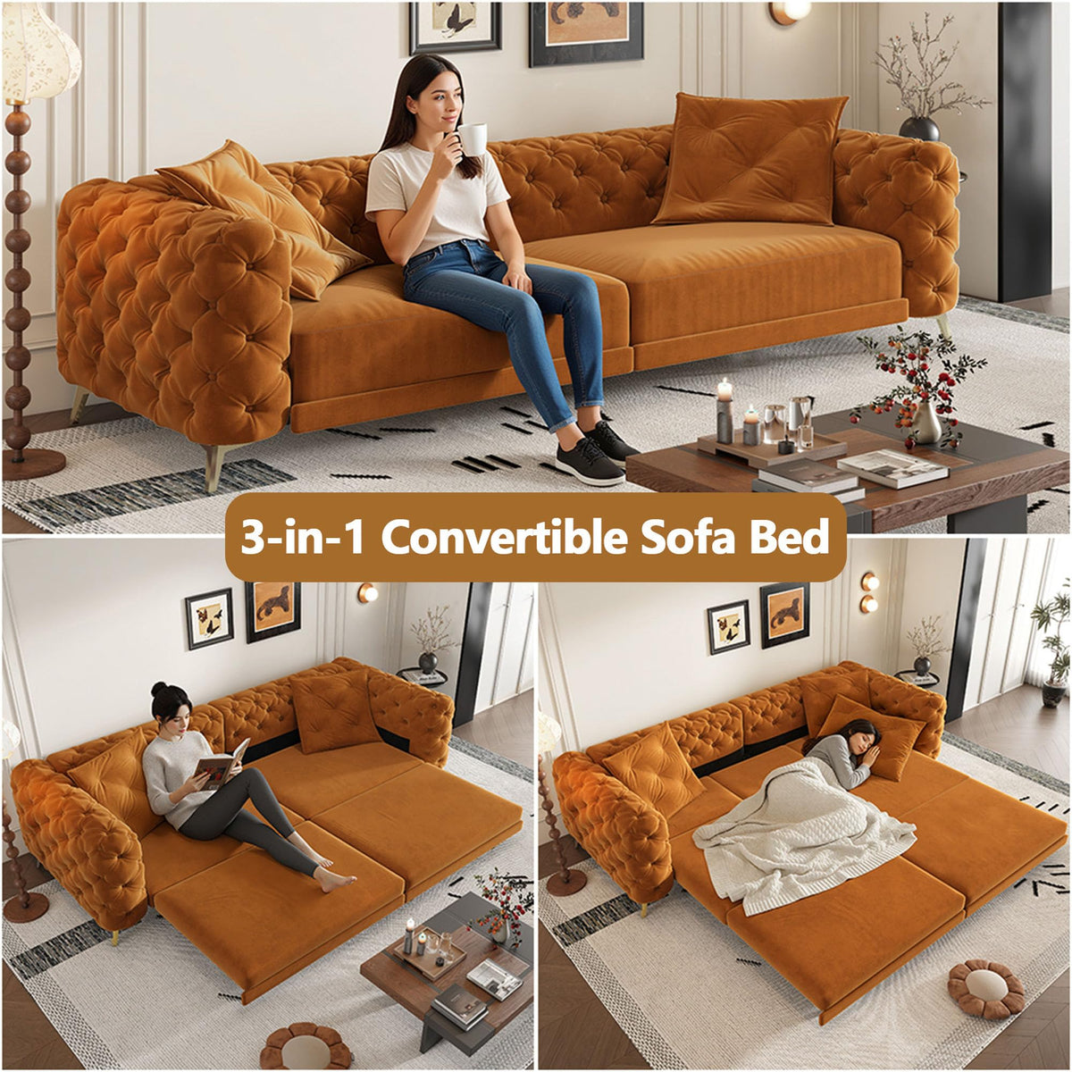 Velvet Convertible Sofa Bed with Ottomans L701