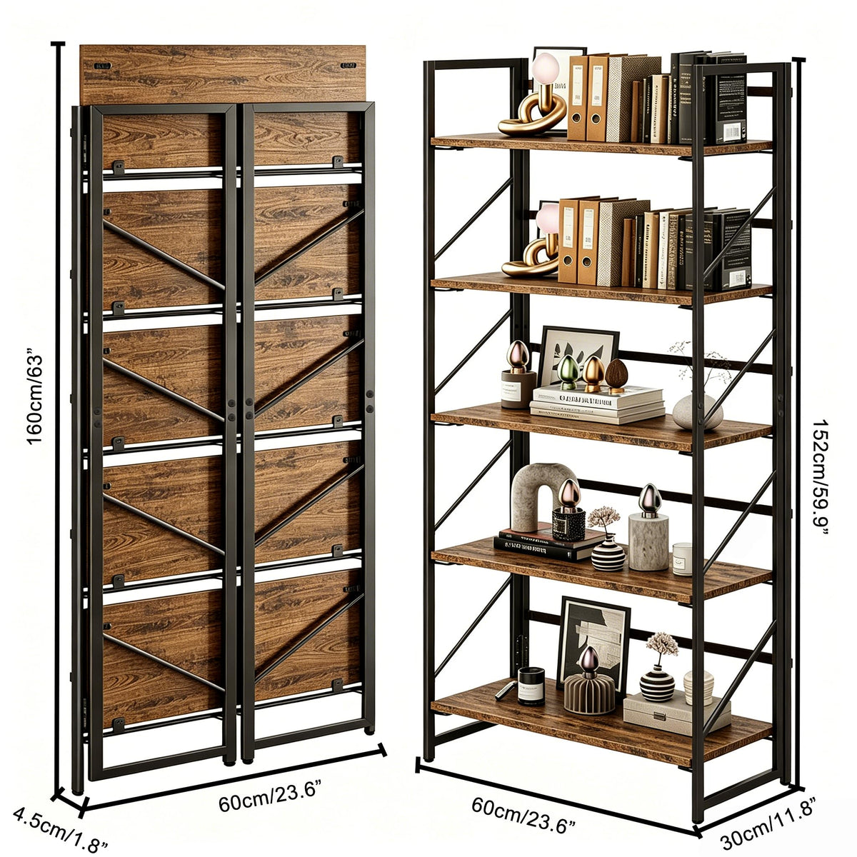 5-Tier Rustic Brown Folding Bookshelf O569