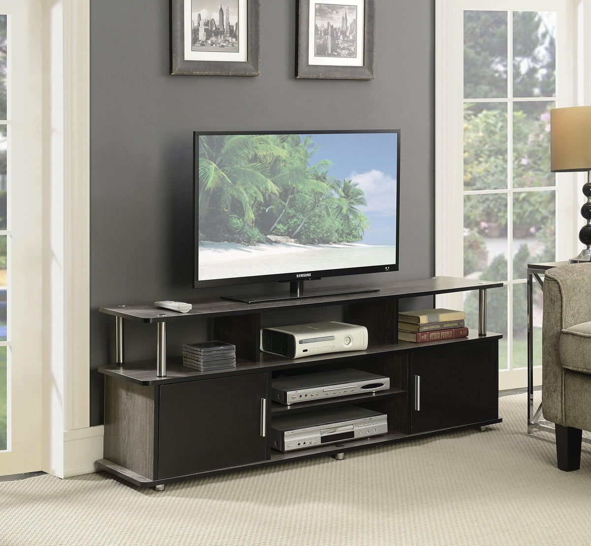 60" Weathered Gray Wood TV Stand with Cabinets and Shelves X625