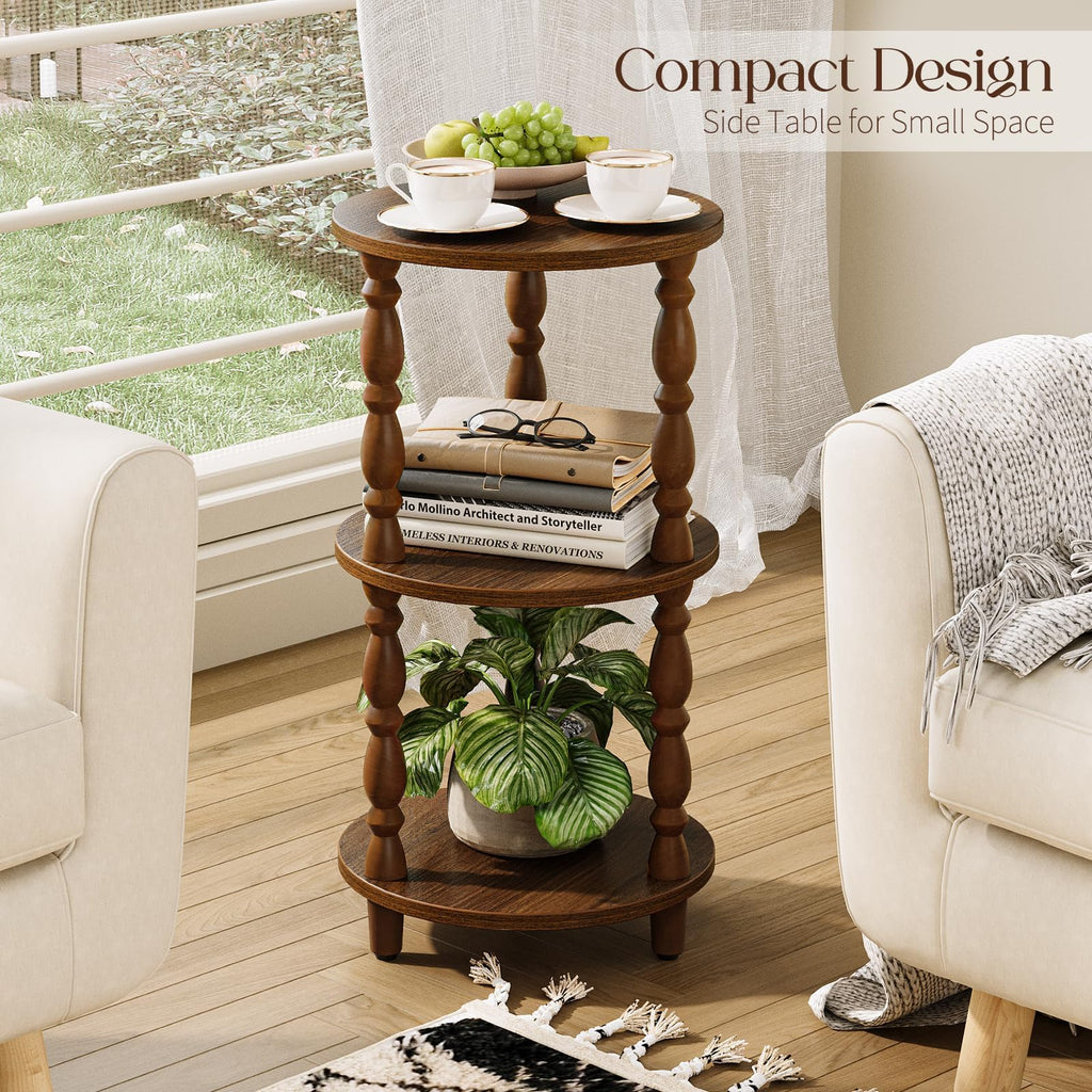 Small Round 3-Tier Wood Side Table with Storage Shelf A68728