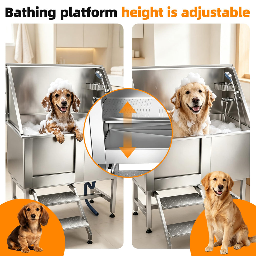 304 Stainless Steel Dog Washing Station with Stairs and 2 Drawers J74664