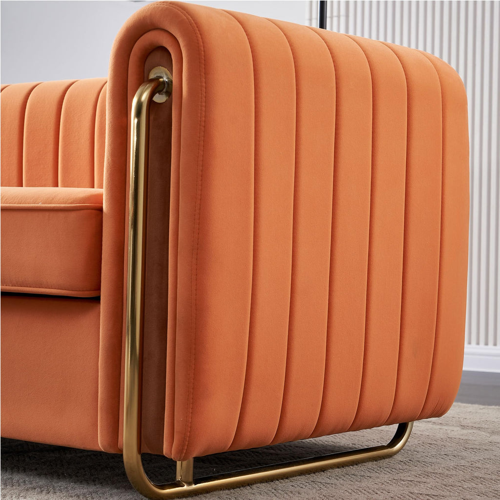Velvet Sofa Couch, 3-Seater with Channel-Tufted Seats and Gold Steel Legs, Orange L272