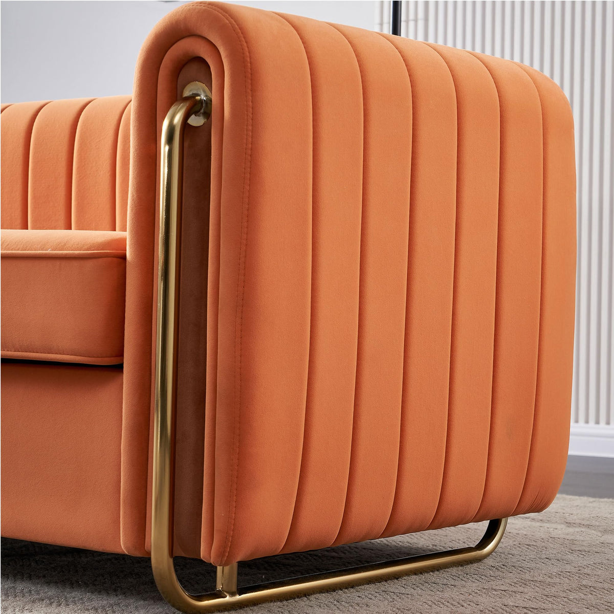 Velvet Sofa Couch, 3-Seater with Channel-Tufted Seats and Gold Steel Legs, Orange L272