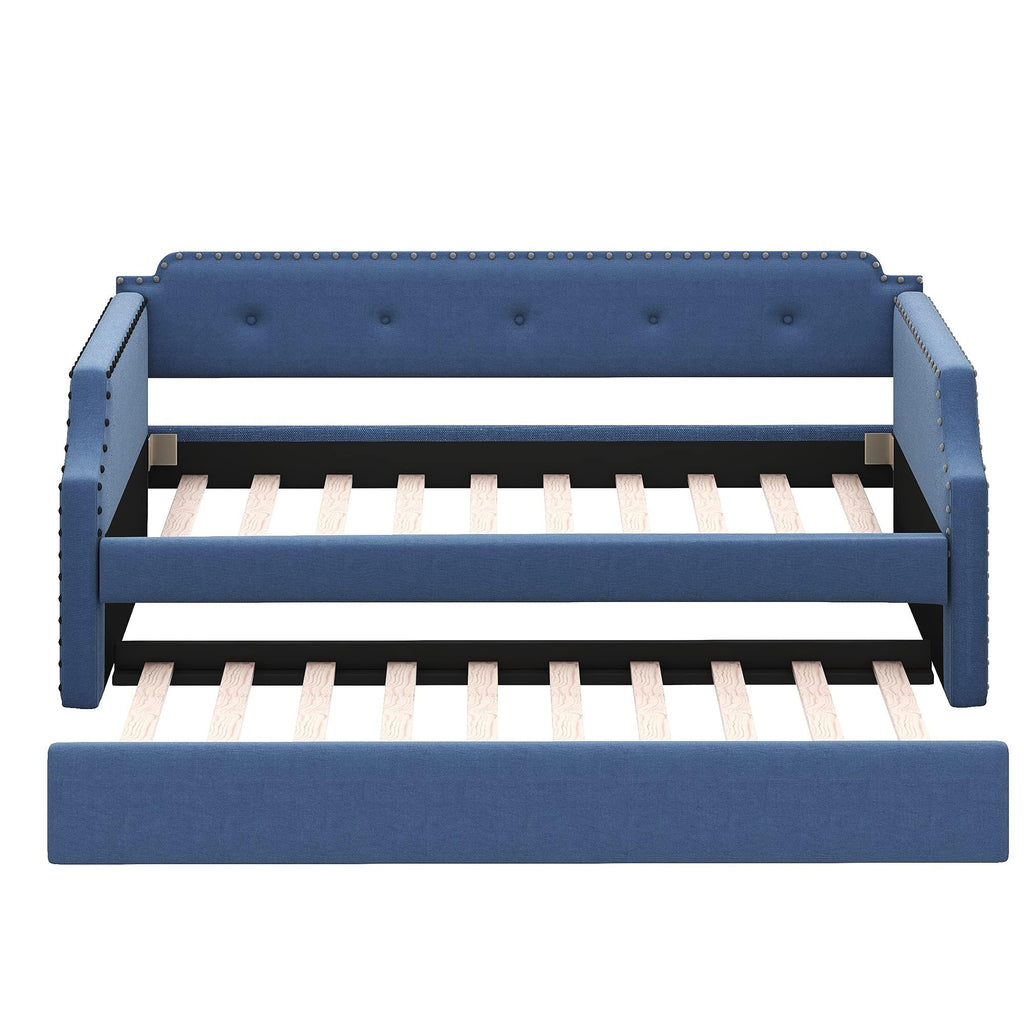 Blue Linen Fabric Upholstered Twin Daybed with Trundle Y721430