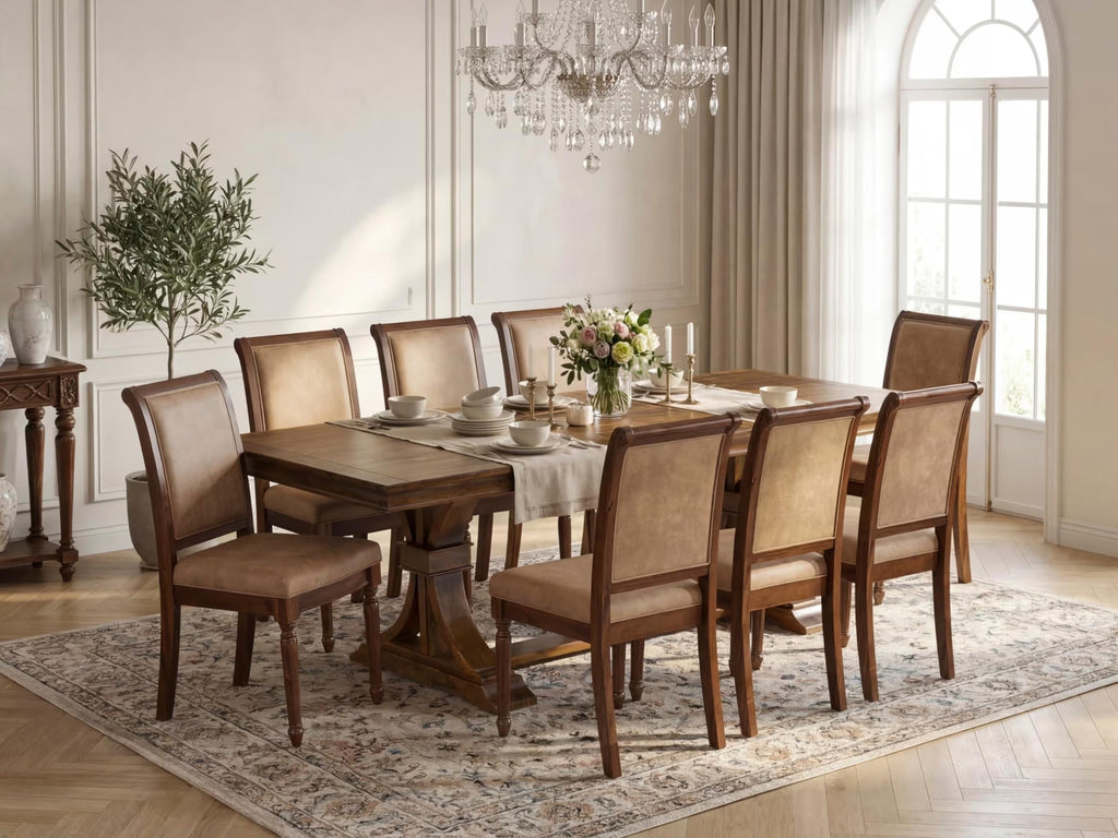 9 Piece Dining Table and 8 Beige Polyester Fabric Chairs J301788