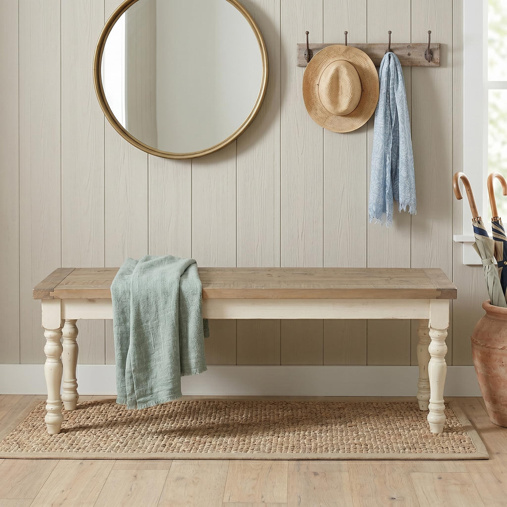 Antique White Two-Tone Oak Wood Dining Bench I7692