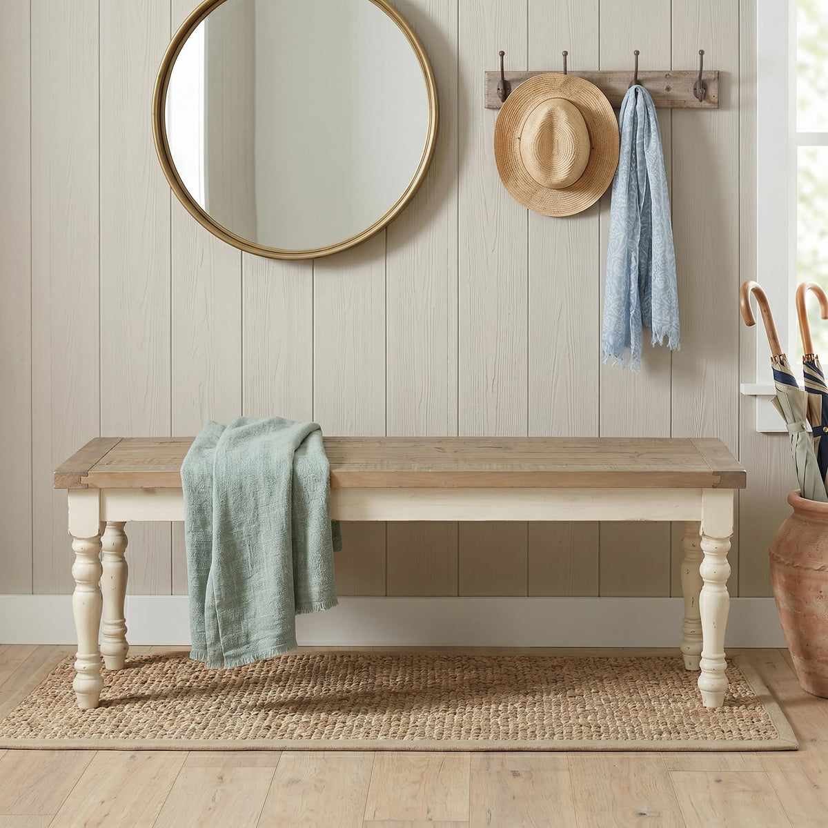 Antique White Two-Tone Oak Wood Dining Bench I7692