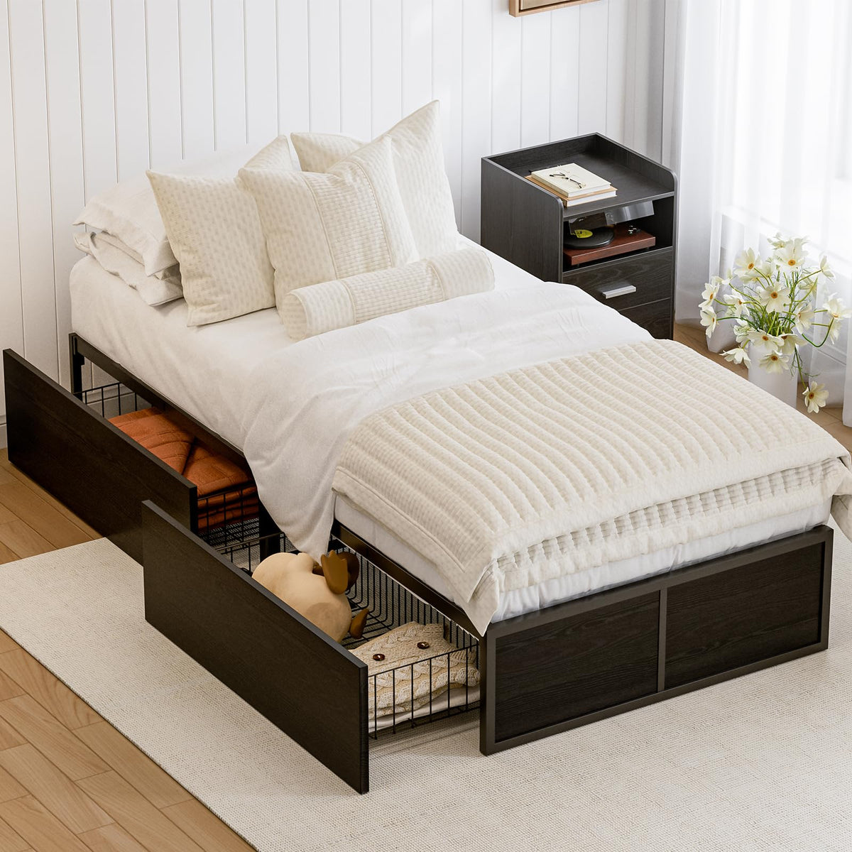 Twin Metal Platform Bed Frame with 2 XL Storage Drawers S8110