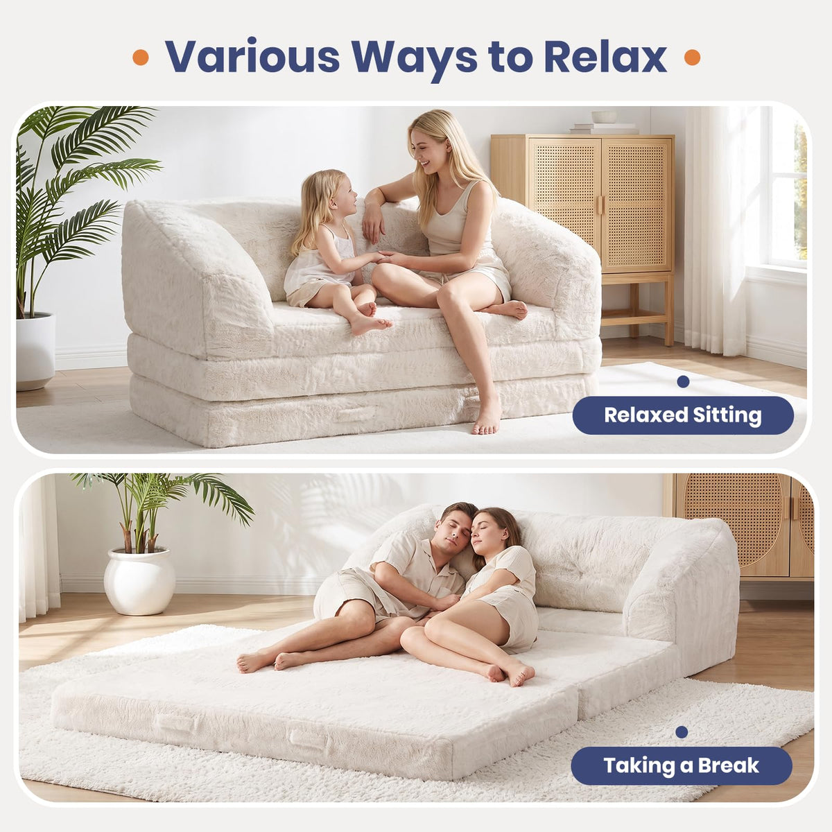 Convertible Folding Sofa Bed, 2 in 1 Portable Floor Couch & Foam Mattress with Handle, Space-Saving Faux Fur Futon Chair for Living Room, Bedroom, Guest Room (Loveseat, Beige) E633632