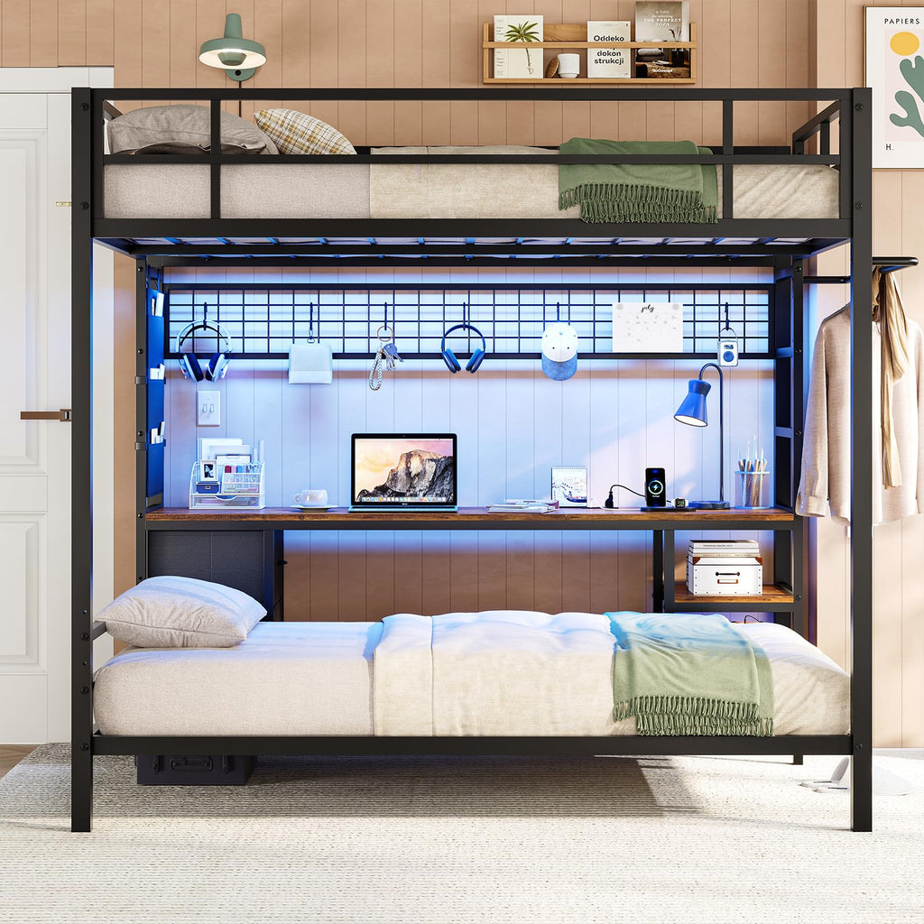 Full Over Twin Bunk Bed with Desk and LED Lights M61103