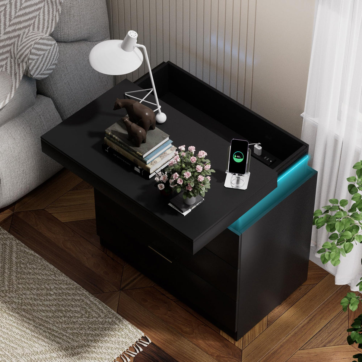 Black Nightstand with Charging Station and LED Lights L305383