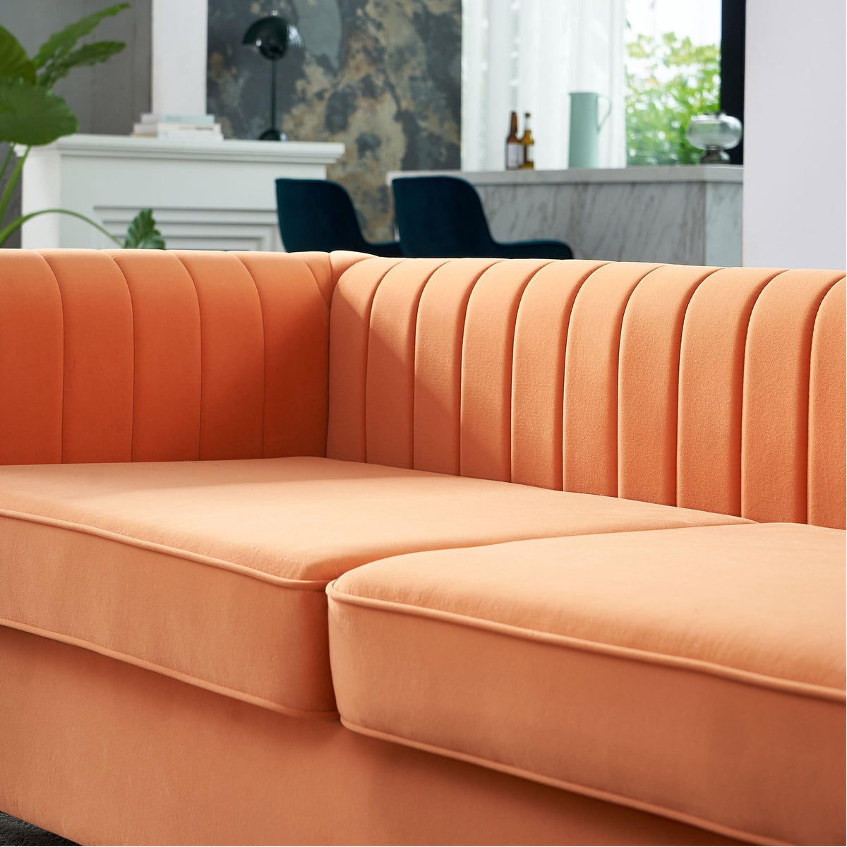 Velvet Sofa Couch, 3-Seater with Channel-Tufted Seats and Gold Steel Legs, Orange L272