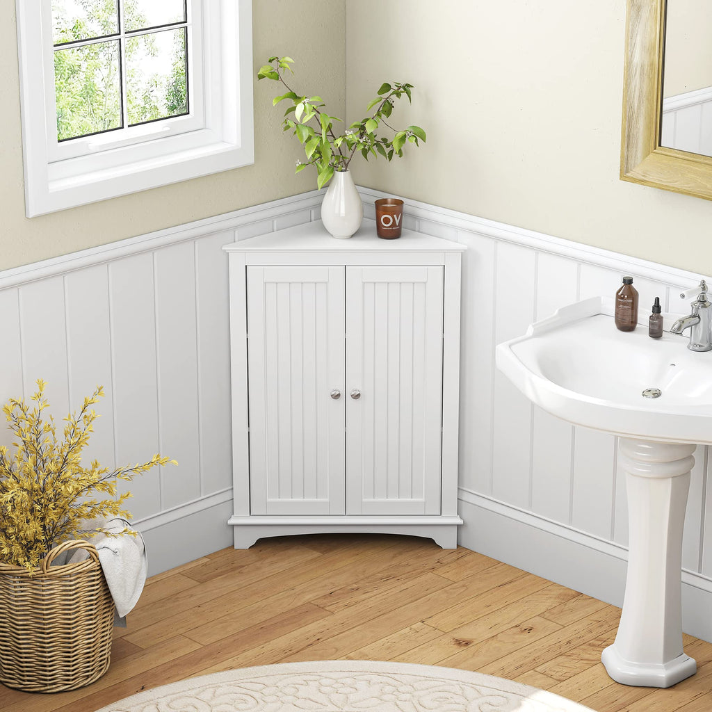 White Corner Bathroom Cabinet with Doors and Adjustable Shelf C7333