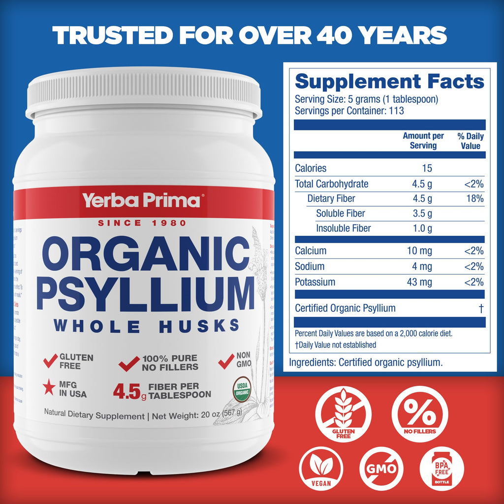 Organic Whole Psyllium Husks Fiber 20 oz Pack of 2 D3094