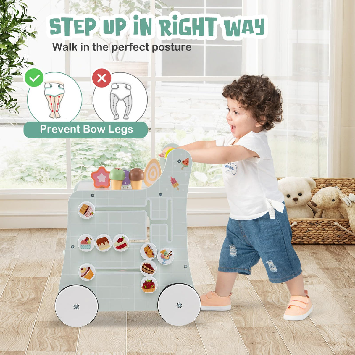 Wooden Baby Walker with Storage and Wheels R759786