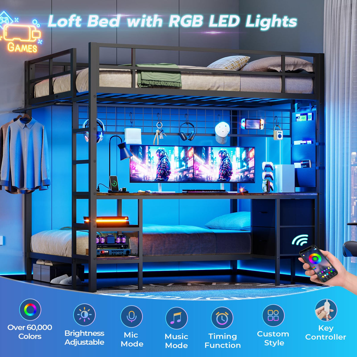 Full Over Twin Bunk Bed with Desk and LED Lights M61103