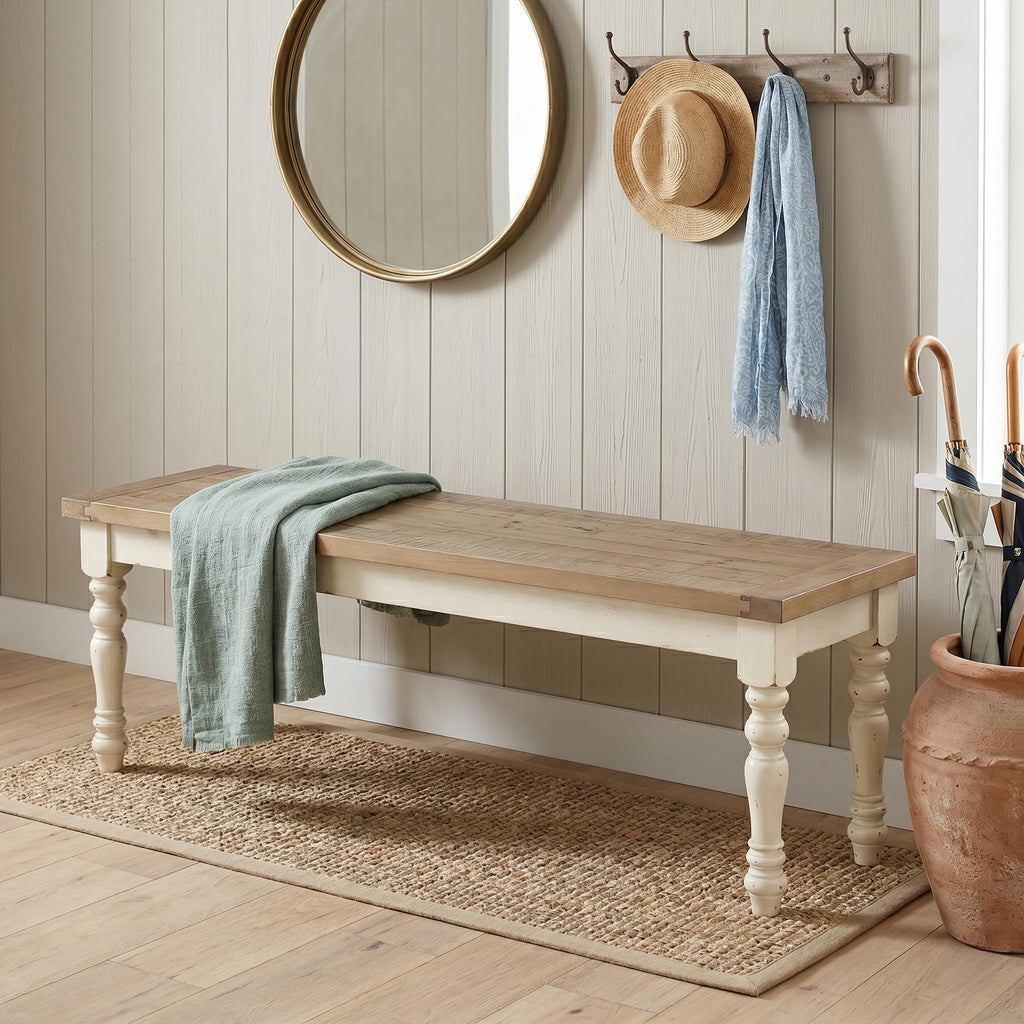 Antique White Two-Tone Oak Wood Dining Bench I7692