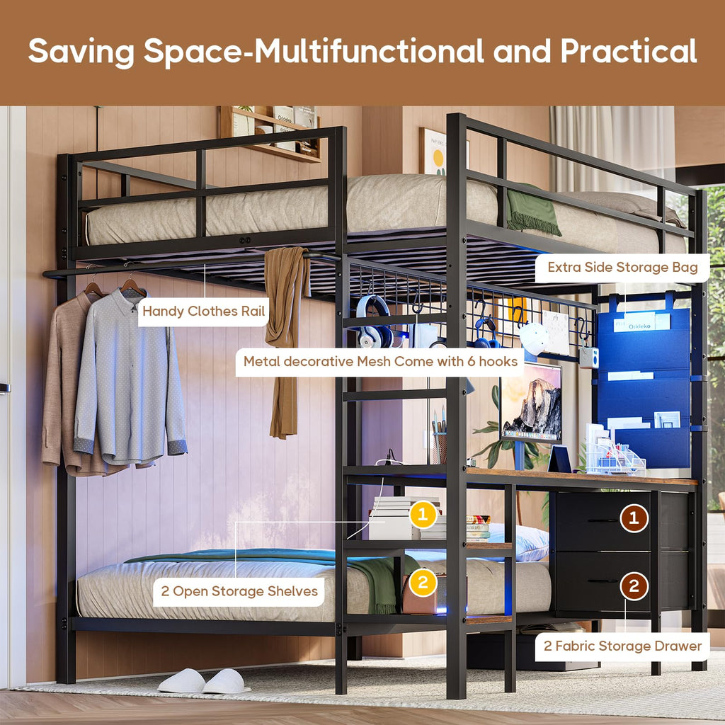 Full Over Twin Bunk Bed with Desk and LED Lights M61103