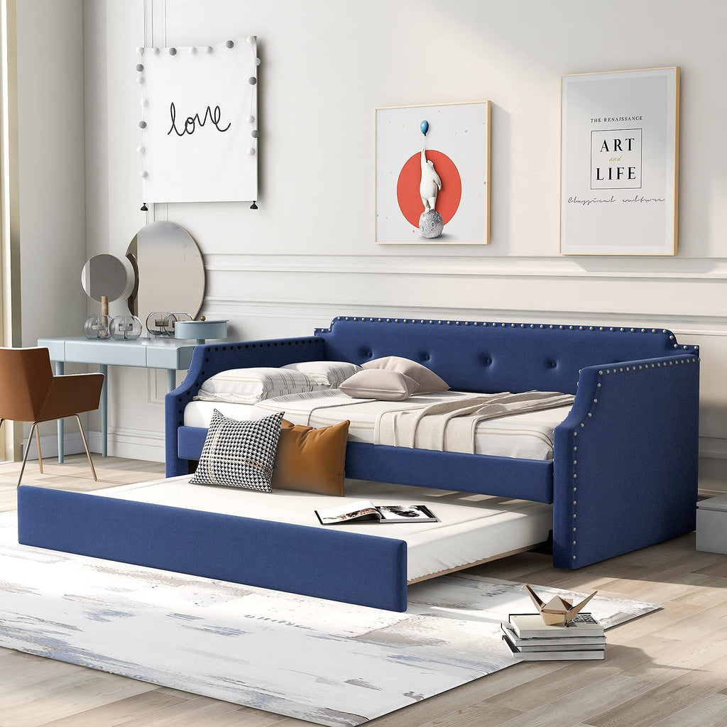 Blue Linen Fabric Upholstered Twin Daybed with Trundle Y721430