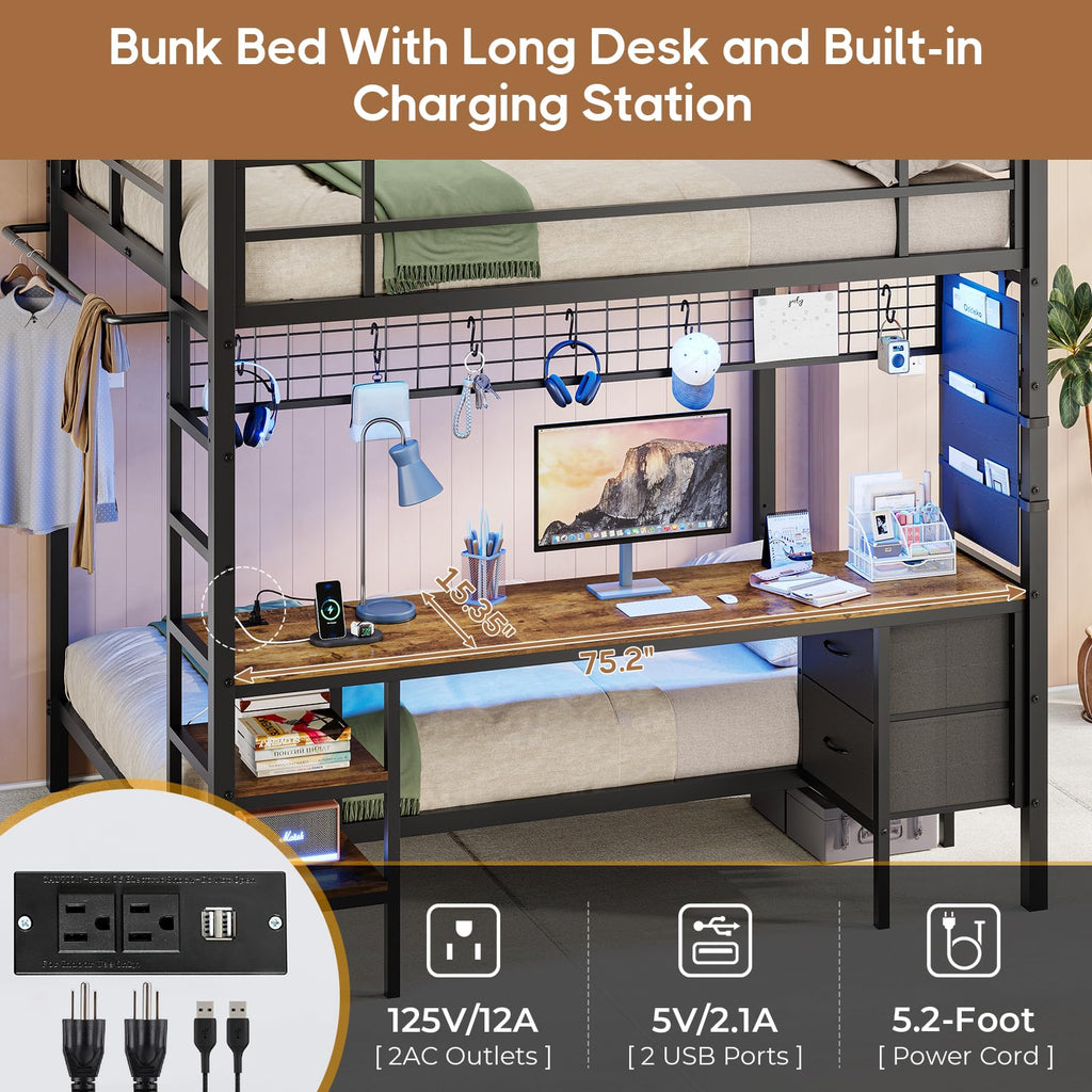Full Over Twin Bunk Bed with Desk and LED Lights M61103