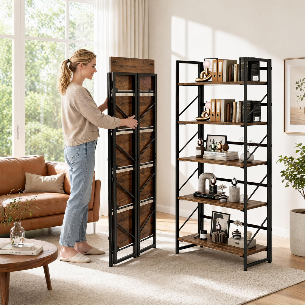 5-Tier Rustic Brown Folding Bookshelf O569