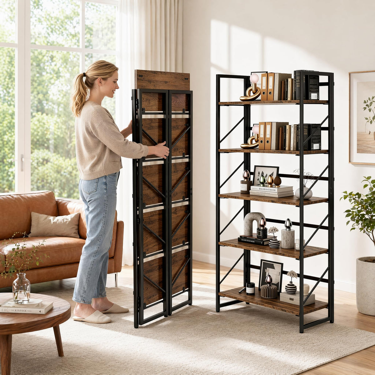 5-Tier Rustic Brown Folding Bookshelf O569