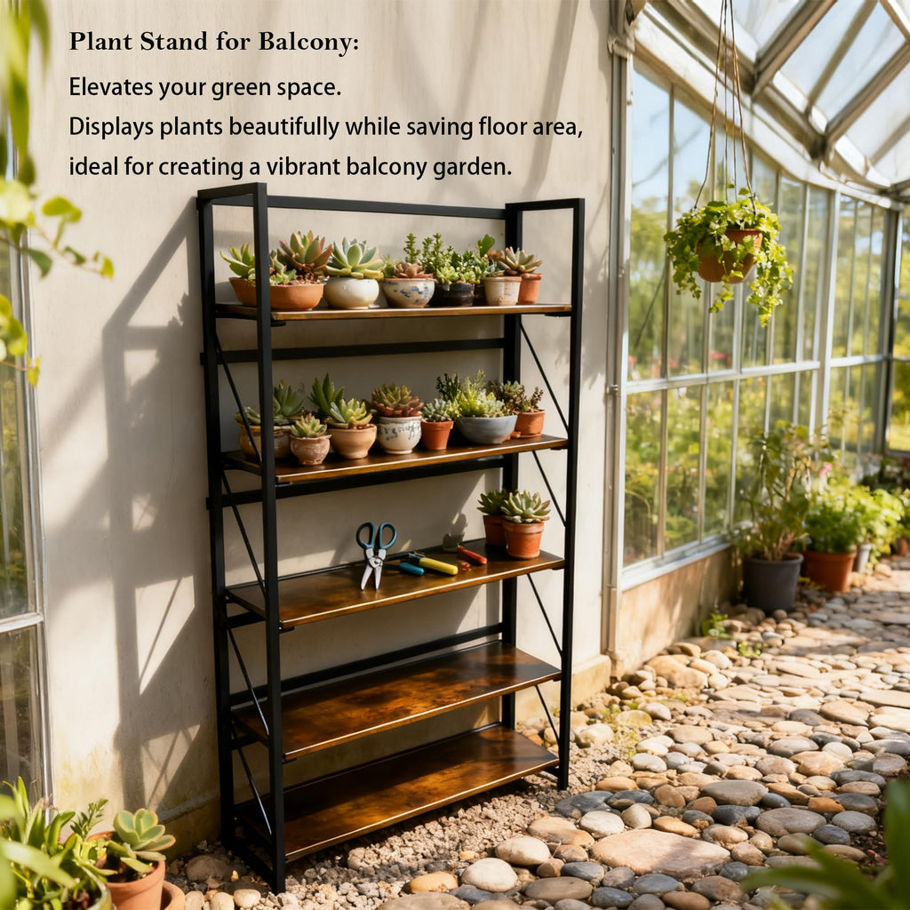 5-Tier Rustic Brown Folding Bookshelf O569