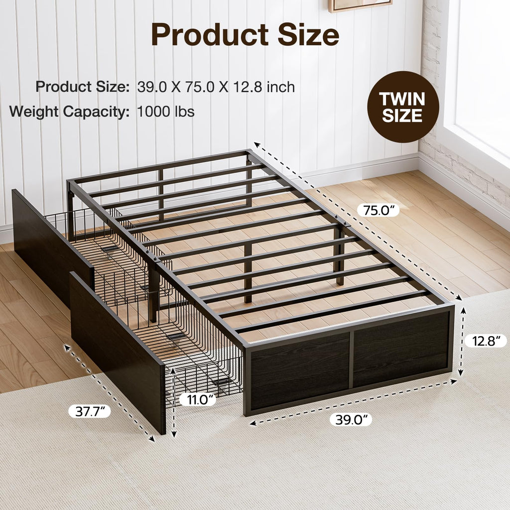 Twin Metal Platform Bed Frame with 2 XL Storage Drawers S8110