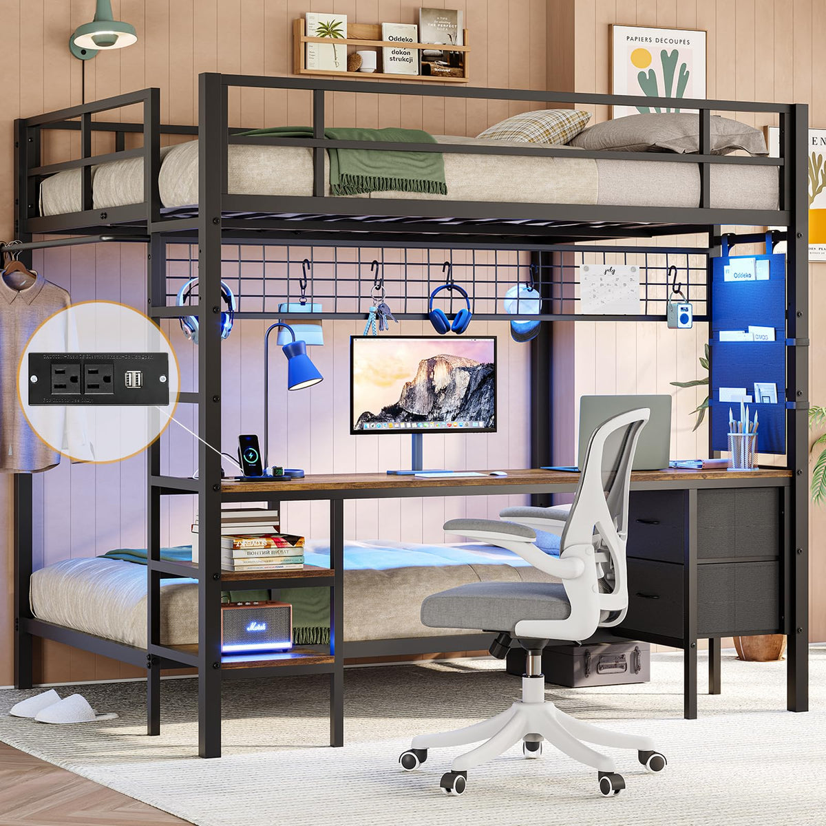 Full Over Twin Bunk Bed with Desk and LED Lights M61103