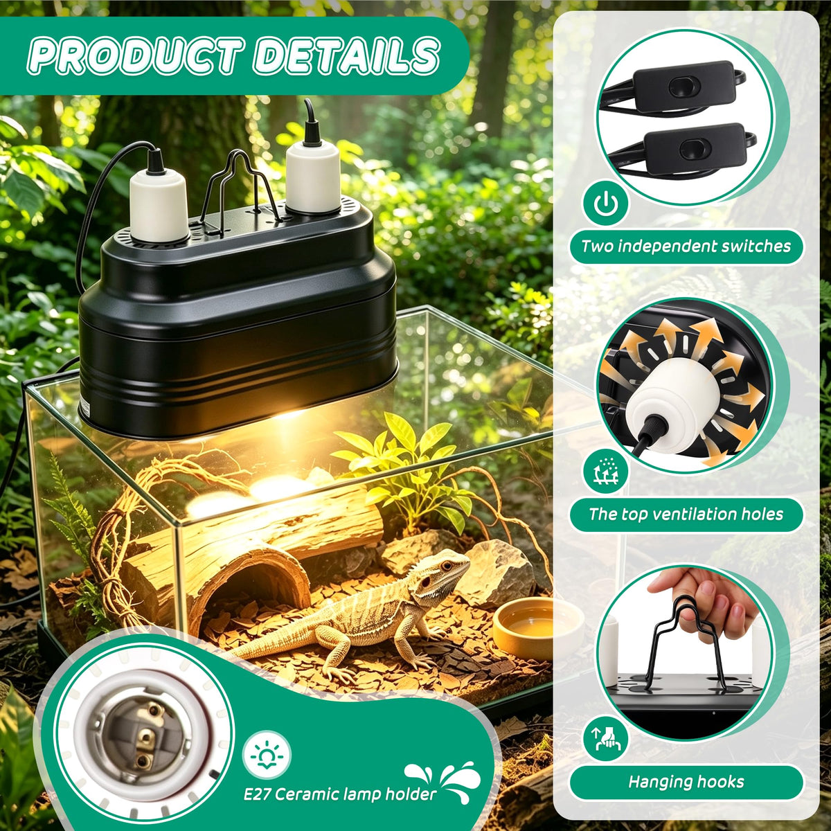 Reptile Light Fixture with Independent Switches V79133