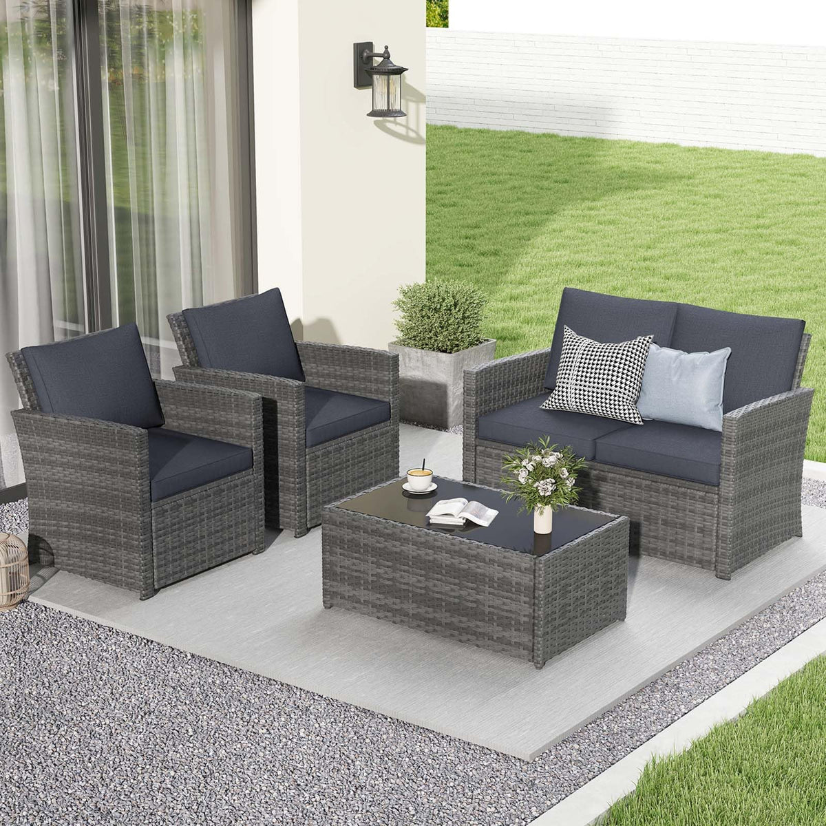 4 Piece Dark Gray Wicker Patio Furniture Set H82901