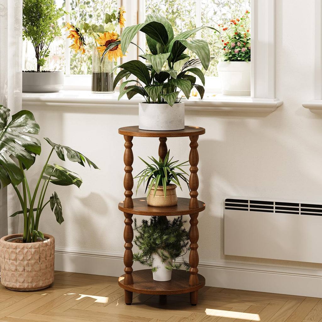 Small Round 3-Tier Wood Side Table with Storage Shelf A68728