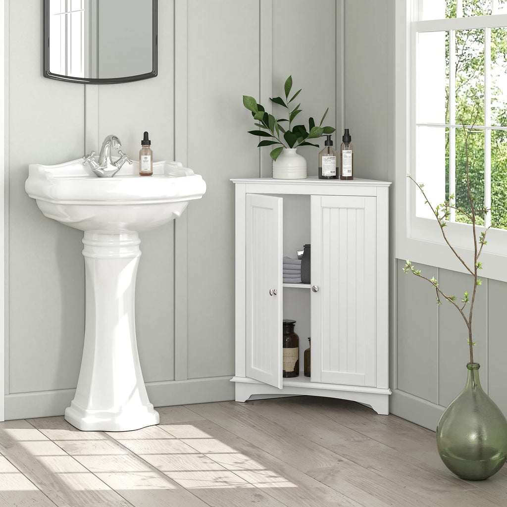 White Corner Bathroom Cabinet with Doors and Adjustable Shelf C7333
