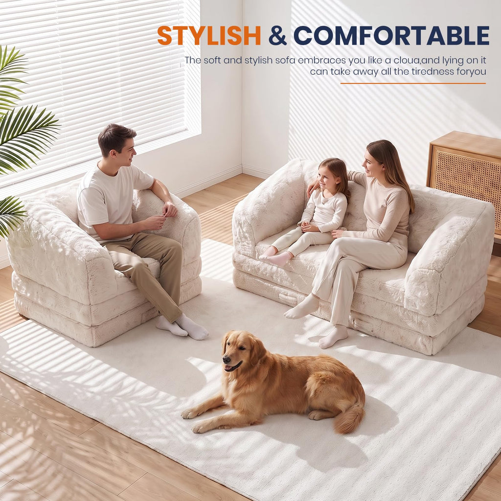 Convertible Folding Sofa Bed, 2 in 1 Portable Floor Couch & Foam Mattress with Handle, Space-Saving Faux Fur Futon Chair for Living Room, Bedroom, Guest Room (Loveseat, Beige) E633632