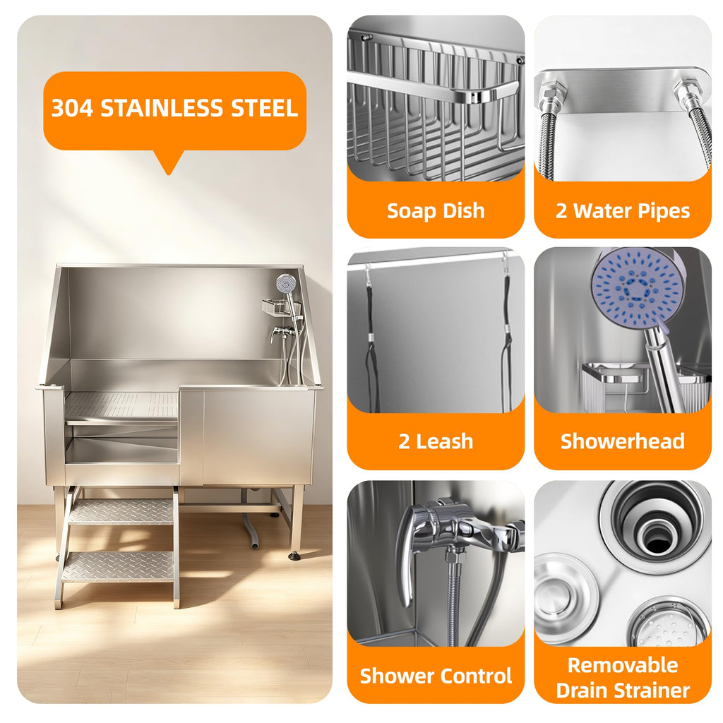 304 Stainless Steel Dog Washing Station with Stairs and 2 Drawers J74664