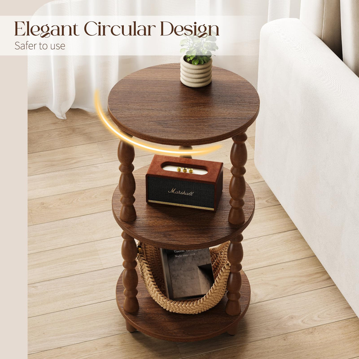 Small Round 3-Tier Wood Side Table with Storage Shelf A68728