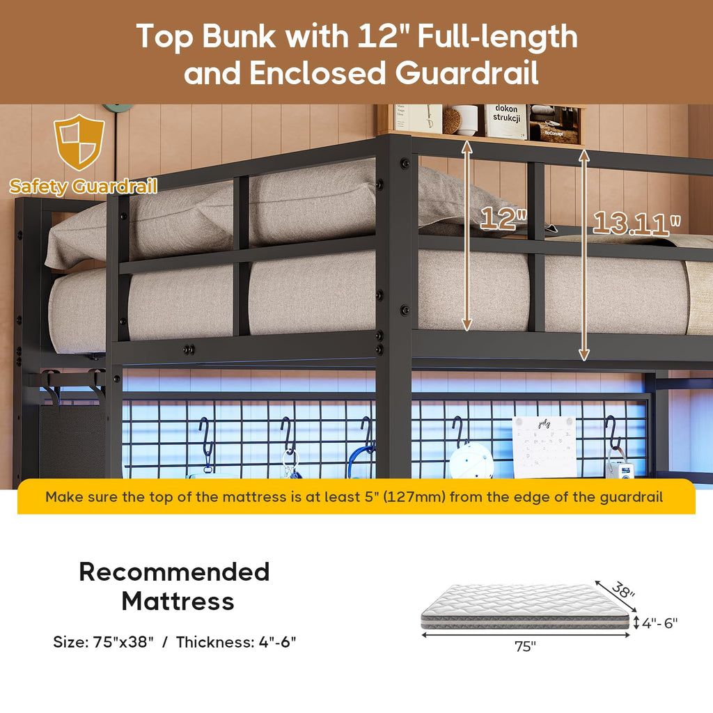 Full Over Twin Bunk Bed with Desk and LED Lights M61103