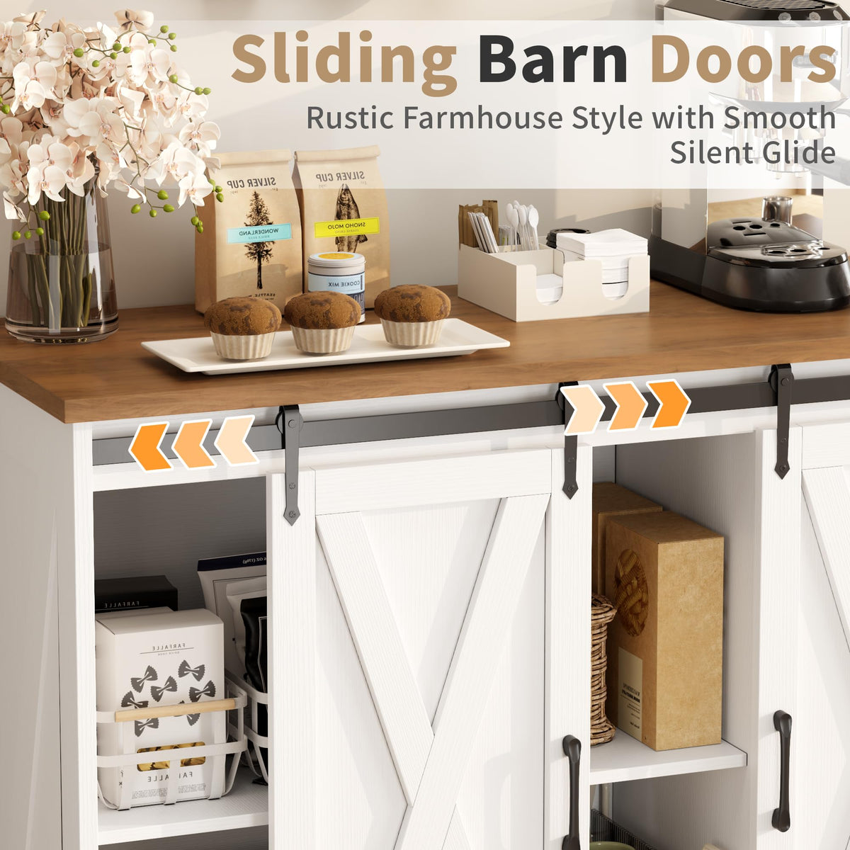 Rustic White Coffee Bar Cabinet with Sliding Barn Doors X8774