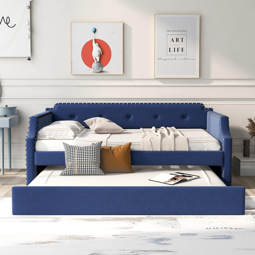 Blue Linen Fabric Upholstered Twin Daybed with Trundle Y721430