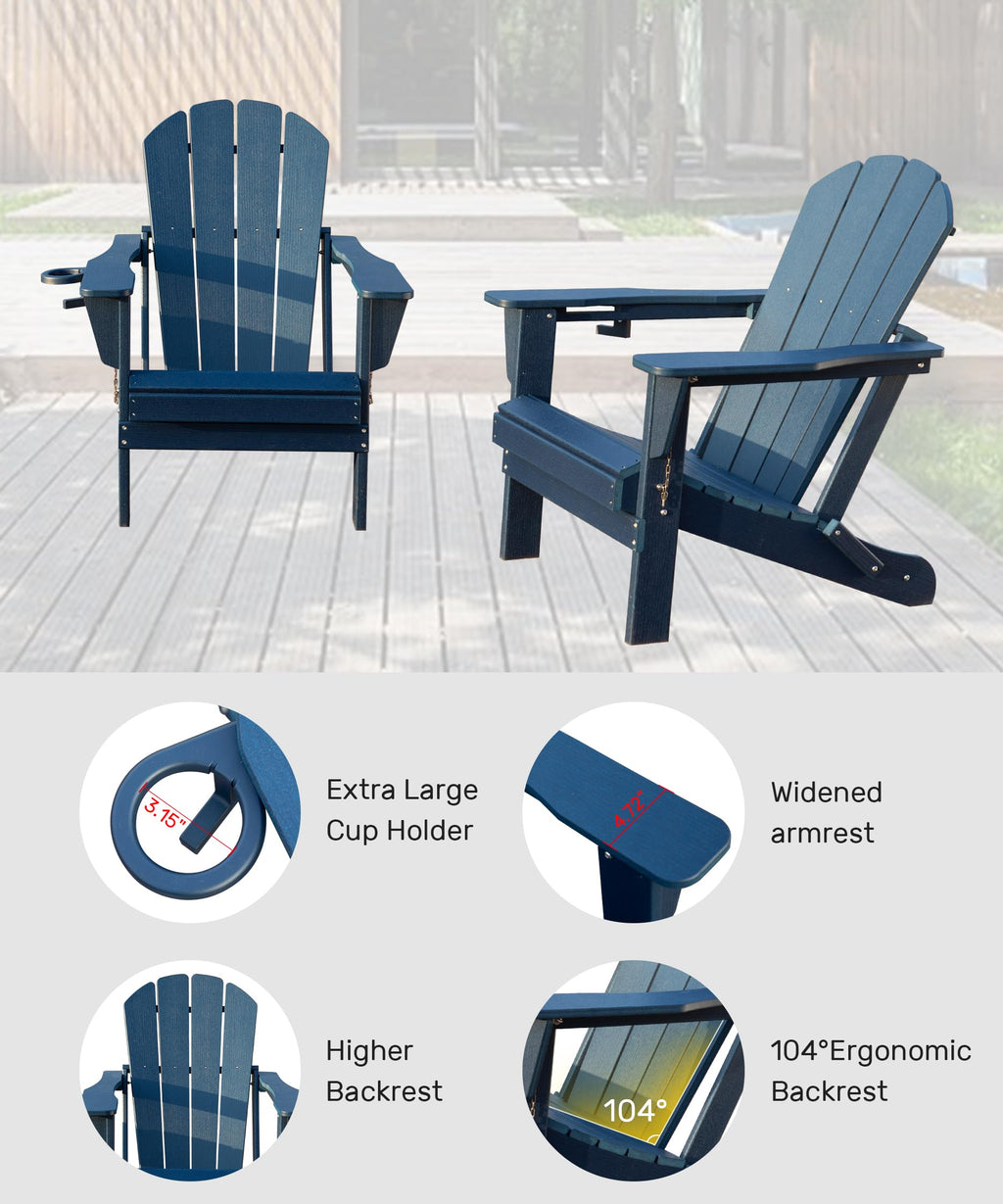 Folding Adirondack Chairs Set of 2 HDPE with Cup Holder Dark Blue X14523