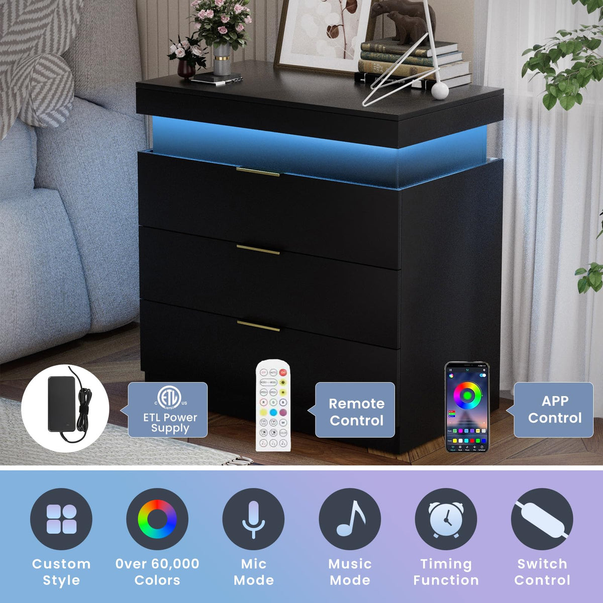 Black Nightstand with Charging Station and LED Lights L305383