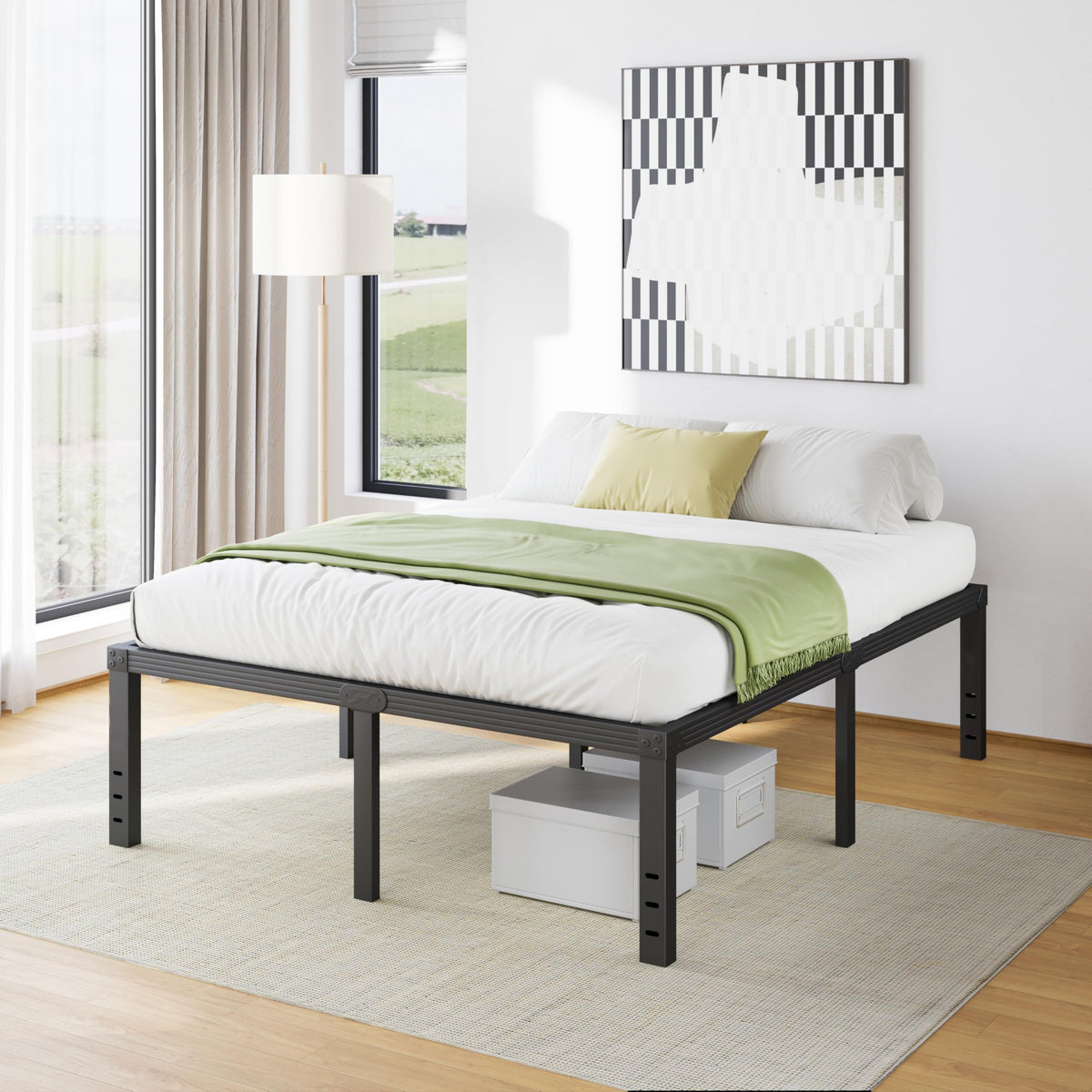 18 Inch High Metal Full Size Platform Bed Frame, Black R637