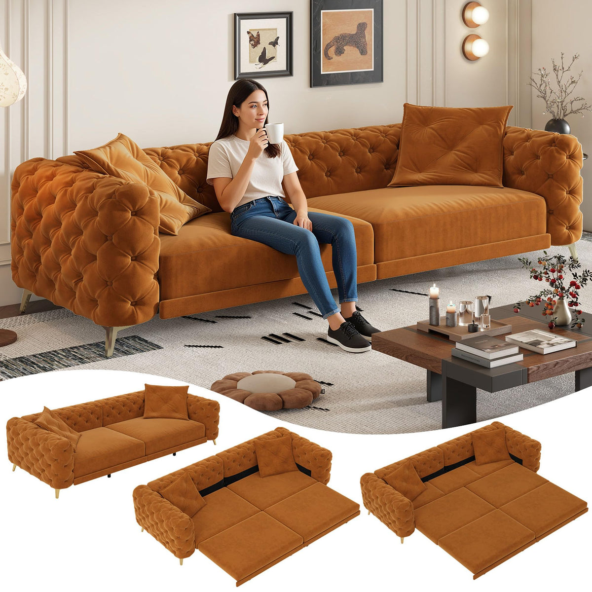 Velvet Convertible Sofa Bed with Ottomans L701