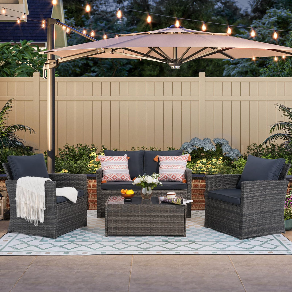 4 Piece Dark Gray Wicker Patio Furniture Set H82901
