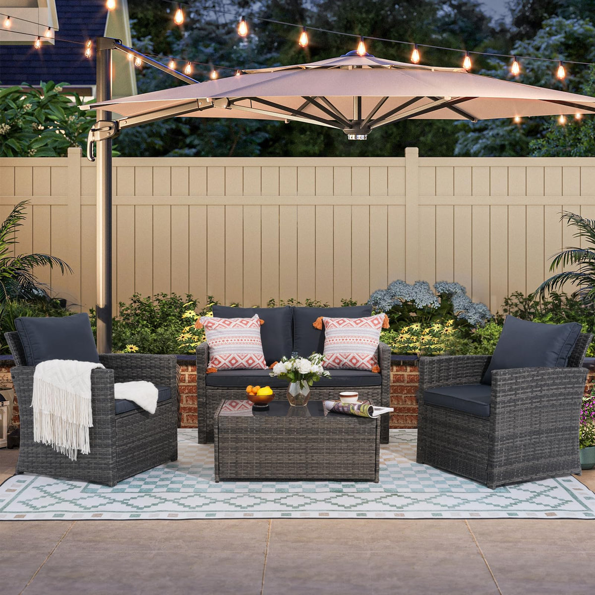 4 Piece Dark Gray Wicker Patio Furniture Set H82901