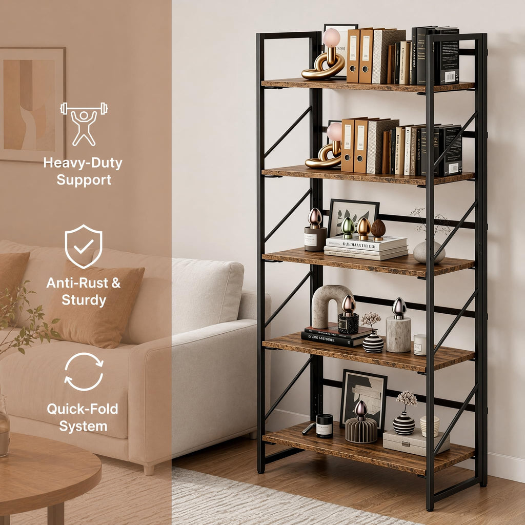 5-Tier Rustic Brown Folding Bookshelf O569