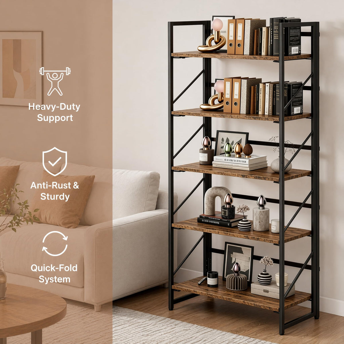 5-Tier Rustic Brown Folding Bookshelf O569