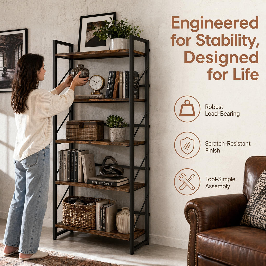 5-Tier Rustic Brown Folding Bookshelf O569