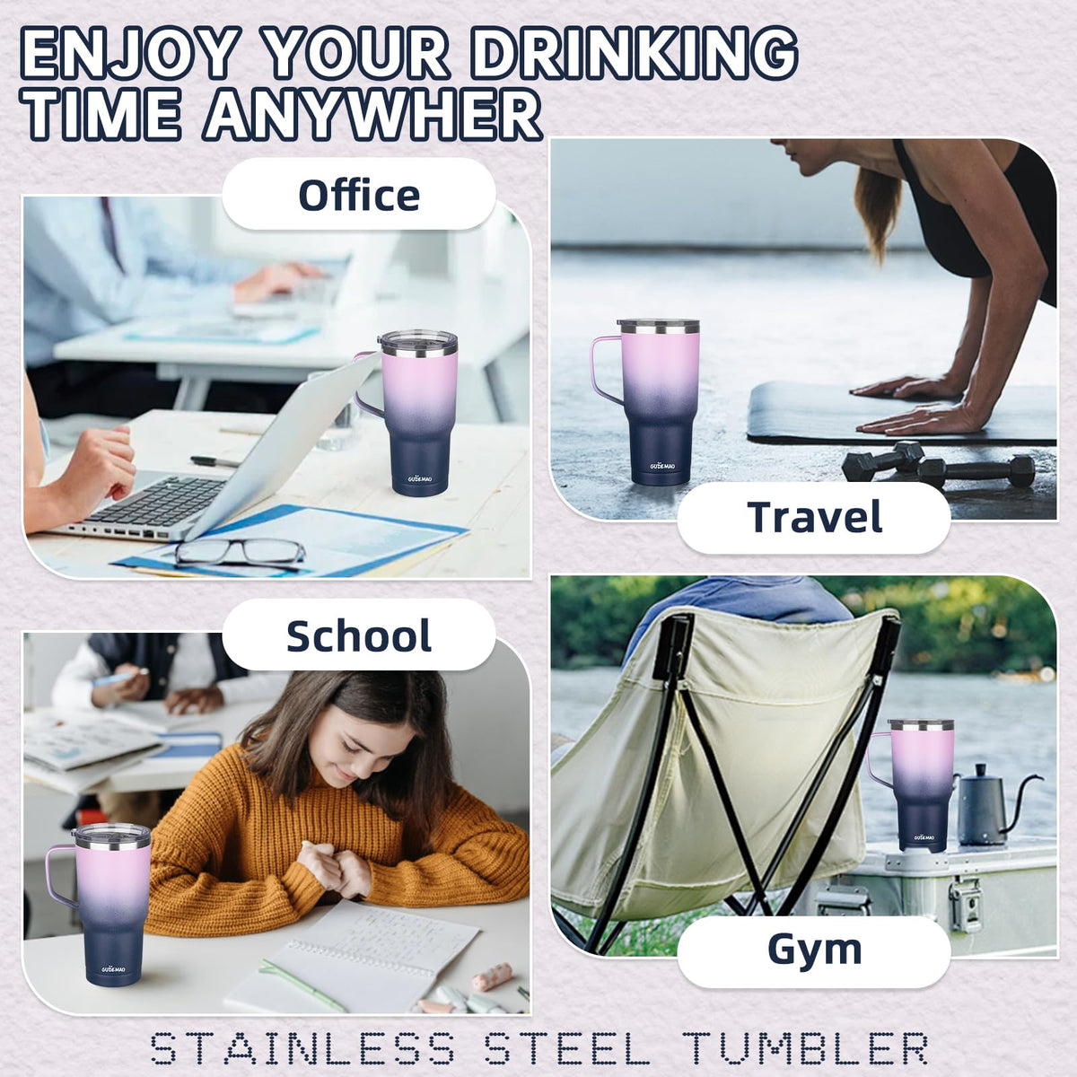 20 oz Insulated Stainless Steel Travel Mug with Handle Lid and Straw U8511